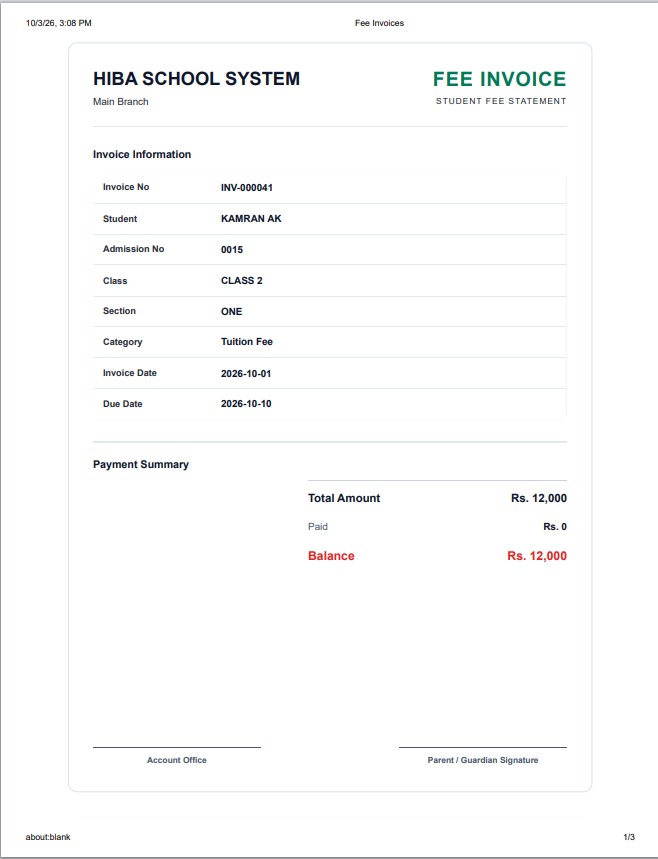DOT SCHOOL fee invoice