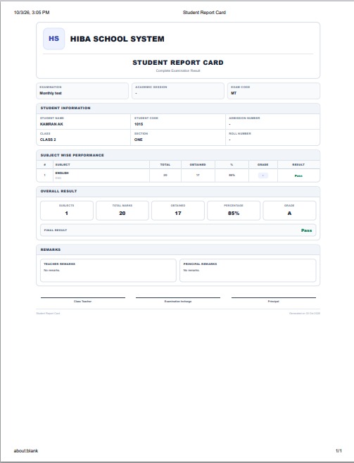 DOT SCHOOL student report card