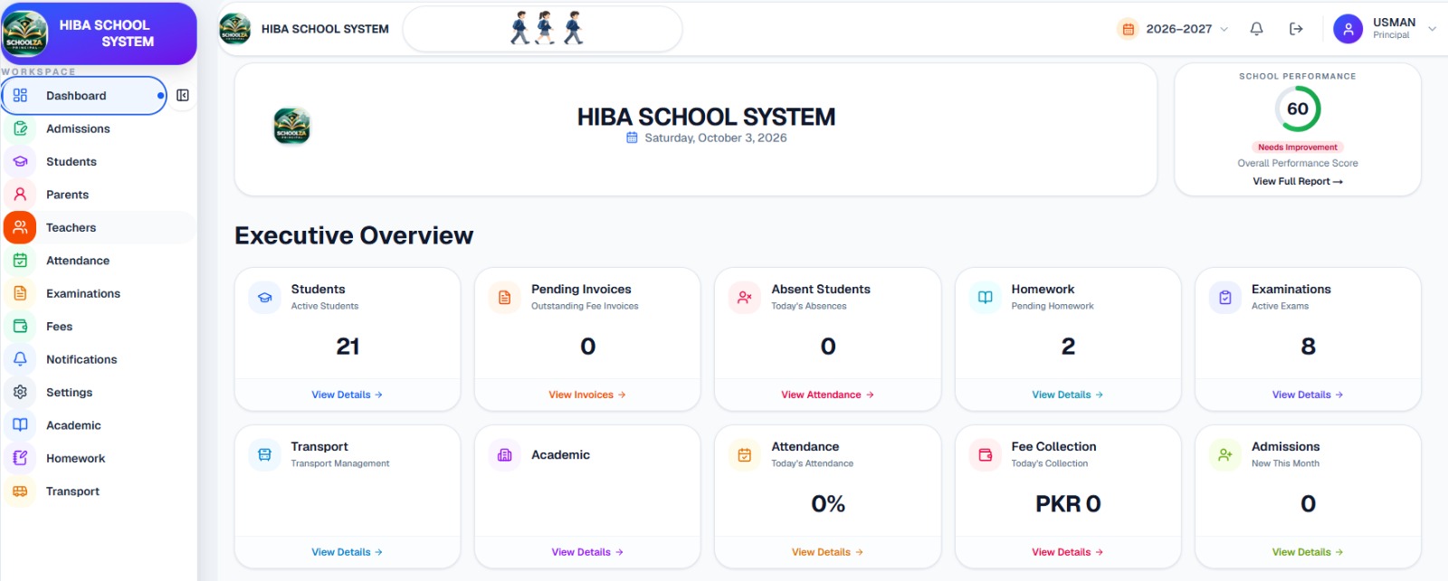 DOT SCHOOL School ERP dashboard